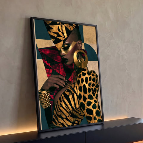 Mulher negra com brinco argola dourado, turbante geométrico e estampa de onça, quadro decorativo