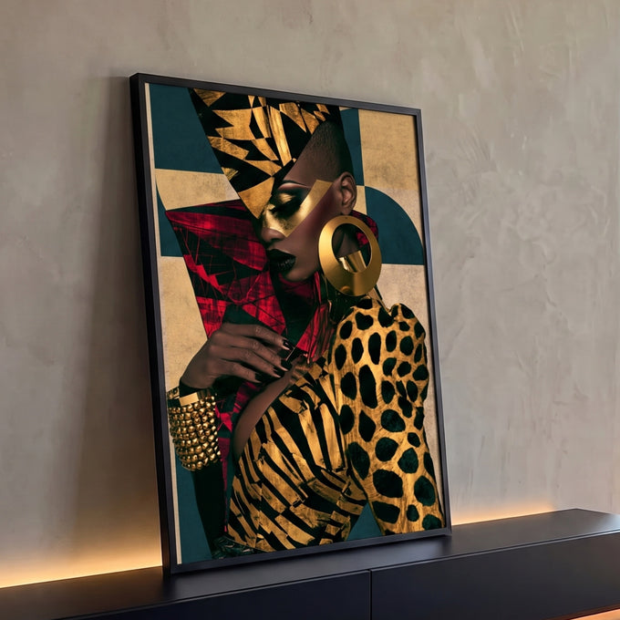 Quadro Decorativo Mulher Retrato Dourado com Estampa de Onça | quadros decorativos para sala | retrato feminino de perfil com maquiagem dourada geométrica e estampa de onça | Porao dos Quadros