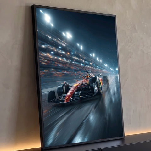 Quadro Decorativo Grande Carro de Corrida Vermelho para Sala | quadros decorativos para sala | carro de vermelho em alta velocidade sob chuva com faíscas à noite | Porao dos Quadros