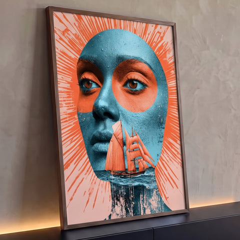 Rosto de mulher azul com olhos em laranja, veleiro no mar e raios laranja ao fundo, quadro decorativo