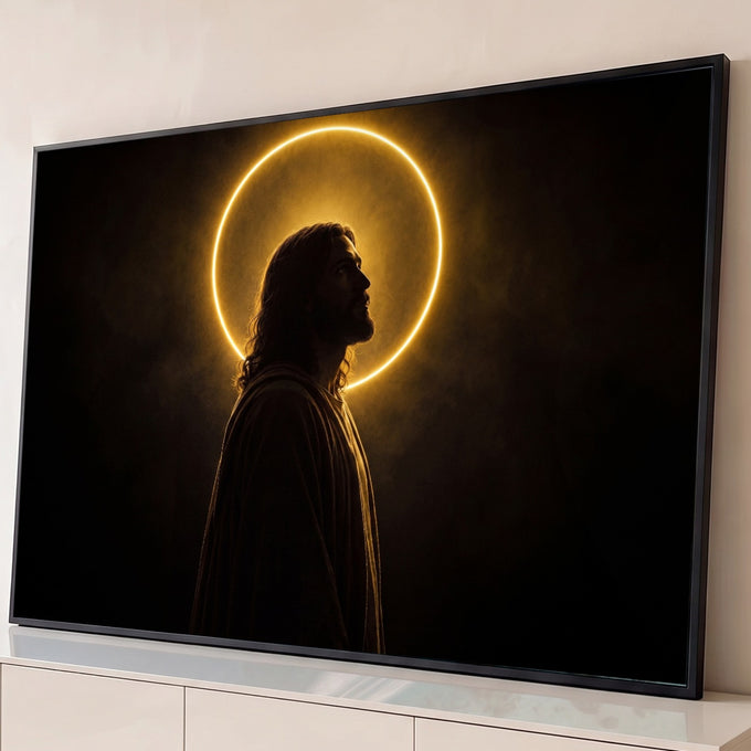 Jesus Cristo de perfil em silhueta com auréola dourada luminosa sobre fundo preto, quadro decorativo
