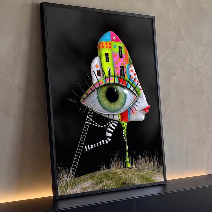 Rosto surreal em perfil com olho verde gigante, casas coloridas, escada e pernas listradas, quadro decorativo