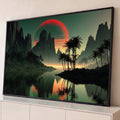 Quadro Decorativo Grande Sol Vermelho para Sala Verde | quadros decorativos para sala | sol vermelho listrado atrás de montanhas escuras com palmeiras e lago refletido em tons verdes | Porao dos Quadros