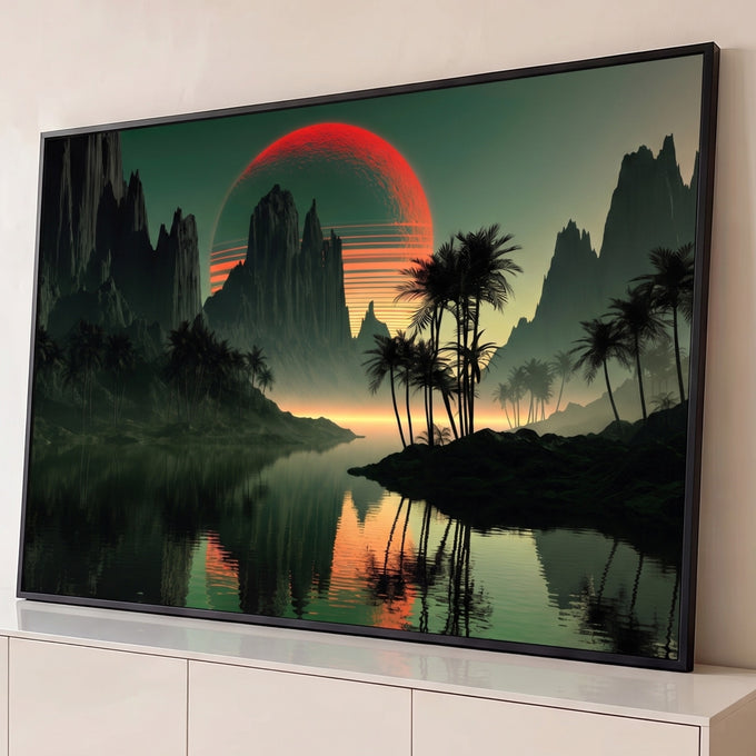 Quadro Decorativo Grande Sol Vermelho para Sala Verde | quadros decorativos para sala | sol vermelho listrado atrás de montanhas escuras com palmeiras e lago refletido em tons verdes | Porao dos Quadros