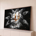 Quadro Decorativo Grande Mãos Arrancando para Sala Preto | quadros decorativos para sala | mãos em preto e branco arrancando máscara que revela crânio dourado | Porao dos Quadros