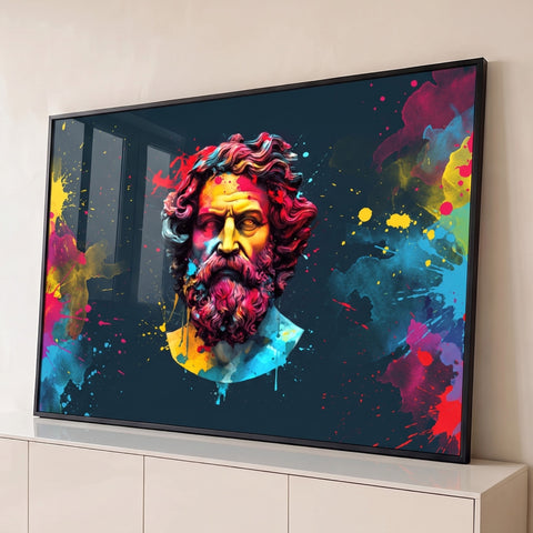 Busto grego barbudo coberto de respingos de tinta colorida sobre fundo azul escuro, quadro decorativo