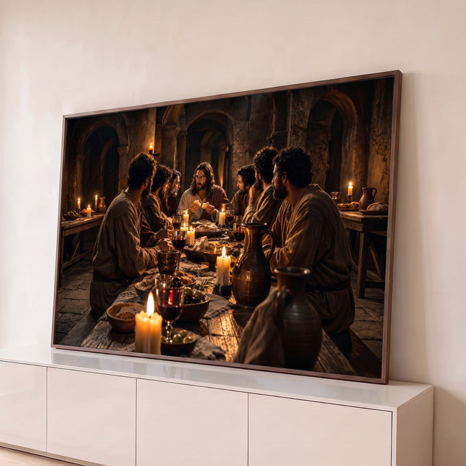Jesus parte o pão com os apóstolos em mesa à luz de velas sob arcos de pedra, quadro decorativo