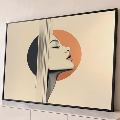 Rosto feminino de perfil com olhos fechados, círculos laranja e preto e linhas verticais, quadro decorativo