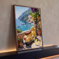 Quadro Decorativo Grande Vespa em Positano para Sala Amarelo - Borda Infinita / 100x65cm