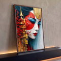 Rosto de gueixa com sol vermelho, pagode dourado, cerejeira e pássaros brancos, quadro decorativo