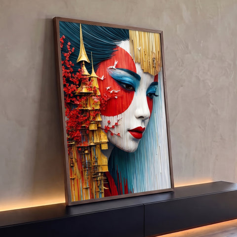 Rosto de gueixa com sol vermelho, pagode dourado, cerejeira e pássaros brancos, quadro decorativo