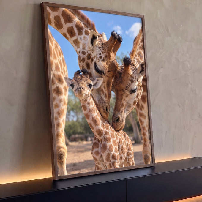 Quadro Decorativo Grande Família de Girafas Marrom para Sala | quadros decorativos para sala | filhote de girafa entre dois adultos formando arco de pescoços sob céu azul | Porao dos Quadros