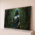 Ogum guerreiro de armadura prateada e turbante azul com duas espadas na floresta verde, quadro decorativo