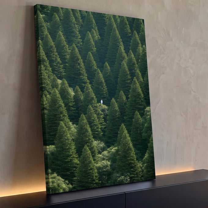 Quadro Decorativo Grande Pessoa Solitária para Sala Verde | quadros decorativos para sala | vista aérea de floresta densa de pinheiros com pessoa solitária em pequena clareira | Porao dos Quadros