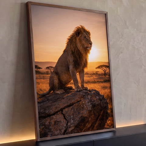 Leão majestoso sentado em rocha ao pôr do sol na savana africana com acácias, quadro decorativo