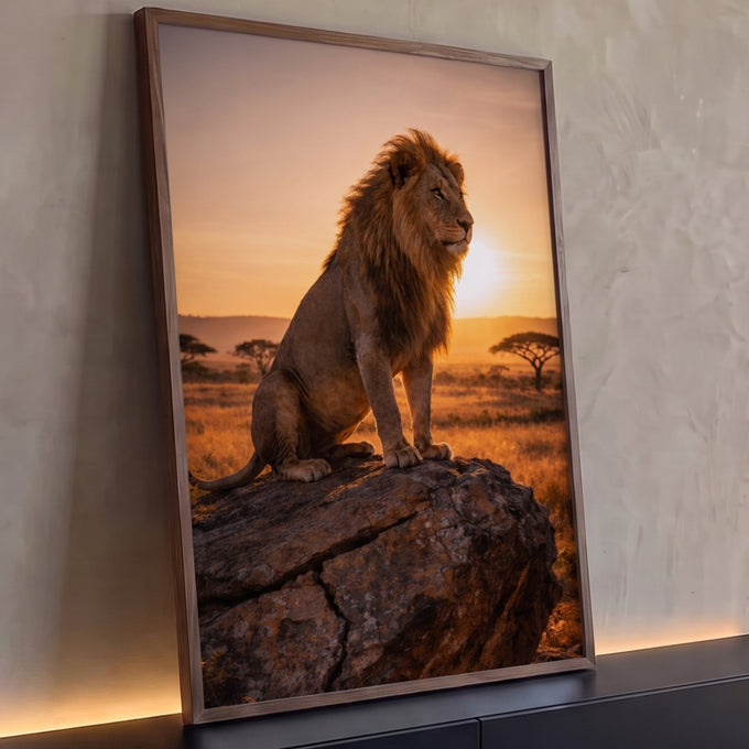 Quadro Decorativo Grande Leão na Savana para Sala Laranja | quadros decorativos para sala | leão sentado em rocha com juba dourada durante pôr do sol na savana | Porao dos Quadros