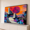 Quadro Decorativo Grande Escadaria Futurista para Sala | quadros decorativos para sala | escadaria branca futurista com dois planetas coloridos em céu laranja | Porao dos Quadros