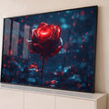 Quadro Decorativo Grande Rosa Vermelha Vermelho para Sala | quadros decorativos para sala | rosa vermelha metálica com brilho intenso sobre fundo azul escuro com luzes bokeh | Porao dos Quadros