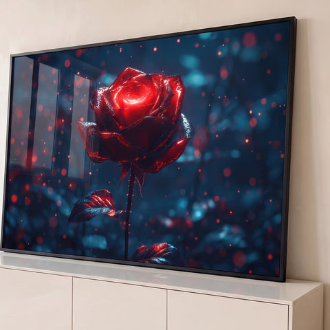 Rosa vermelha brilhante com espinhos sobre fundo azul escuro com luzes bokeh vermelhas, quadro decorativo