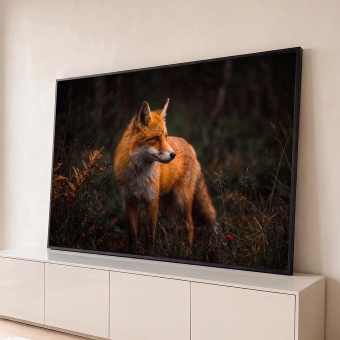 Raposa-vermelha de perfil entre samambaias e frutinhas vermelhas numa floresta escura, quadro decorativo