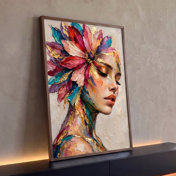 Mulher de perfil com olhos fechados, flor de pétalas coloridas e folha de ouro em óleo, quadro decorativo
