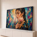 Quadro Decorativo Grande Mulher com Flor para Sala Dourado | quadros decorativos para sala | mulher de perfil com flor rosa, fundo azul e dourado em textura expressiva | Porao dos Quadros