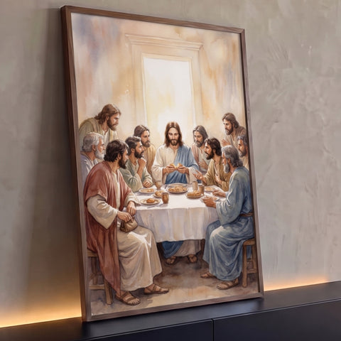 Jesus partindo o pão com os apóstolos à mesa na Santa Ceia em aquarela bege, quadro decorativo