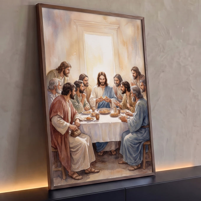 Quadro Decorativo Grande Última Ceia para Sala Bege | quadros decorativos para sala | Jesus e onze apóstolos reunidos à mesa em aquarela nos tons bege e terracota | Porao dos Quadros