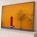 Quadro Decorativo Grande Porta Vermelha para Sala Laranja | quadros decorativos para sala | porta vermelha em arco numa parede laranja com gato preto e árvore amarela | Porao dos Quadros