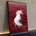 Cavalo branco empinado com crina ao vento em campo de flores vermelhas, quadro decorativo