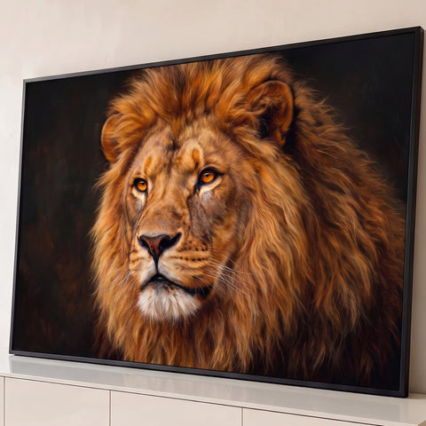 Retrato realista de leão com juba dourada e olhos âmbar sobre fundo escuro, quadro decorativo