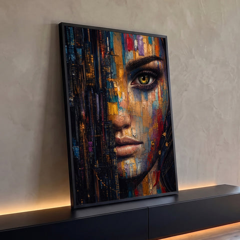 Rosto de mulher de olho verde em espátula dourada e azul com cidade noturna, quadro decorativo