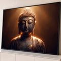 Quadro Decorativo Grande Buda em Meditação para Sala Dourado | quadros decorativos para sala | busto de estátua de Buda em bronze escuro com luz dourada e partículas suspensas | Porao dos Quadros