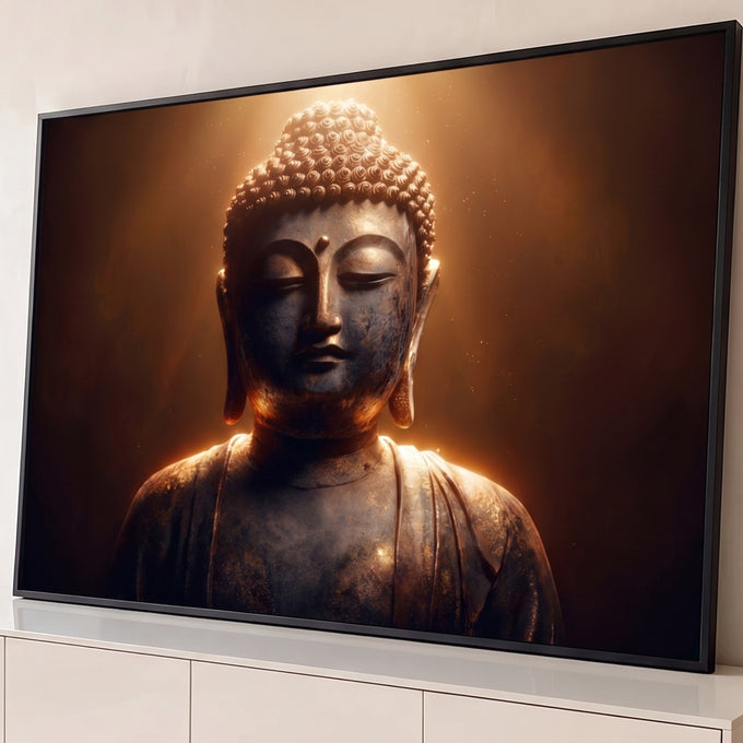 Quadro Decorativo Grande Buda em Meditação para Sala Dourado | quadros decorativos para sala | busto de estátua de Buda em bronze escuro com luz dourada e partículas suspensas | Porao dos Quadros