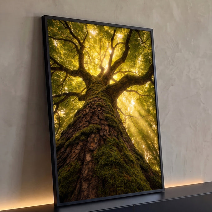 Quadro Decorativo Grande Árvore com Musgo para Sala Verde | quadros decorativos para sala | tronco coberto de musgo verde visto de baixo com copa dourada pela luz do sol | Porao dos Quadros