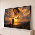 Jesus nas nuvens douradas estendendo a mão a homem orando sobre lago ao pôr do sol, quadro decorativo