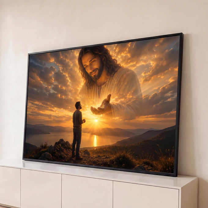 Jesus nas nuvens douradas estendendo a mão a homem orando sobre lago ao pôr do sol, quadro decorativo