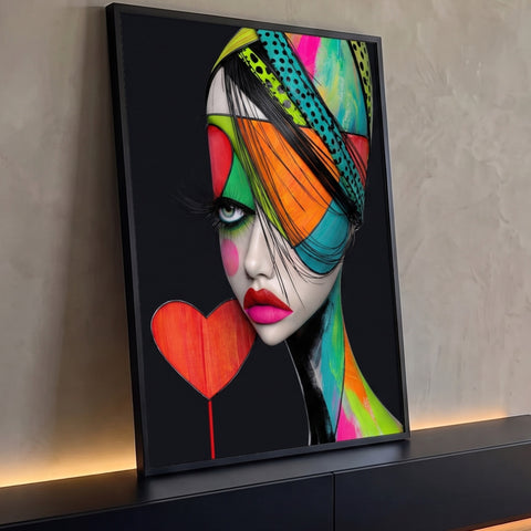 Rosto de mulher pop art com franja colorida, lábios vermelhos e coração em fundo preto, quadro decorativo