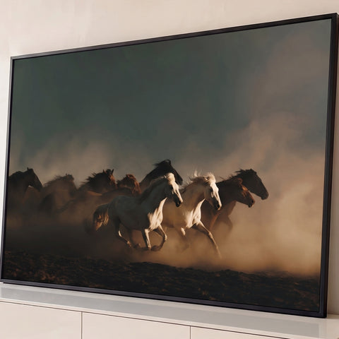 Manada de cavalos galopando na poeira dourada, com dois cavalos brancos à frente, quadro decorativo