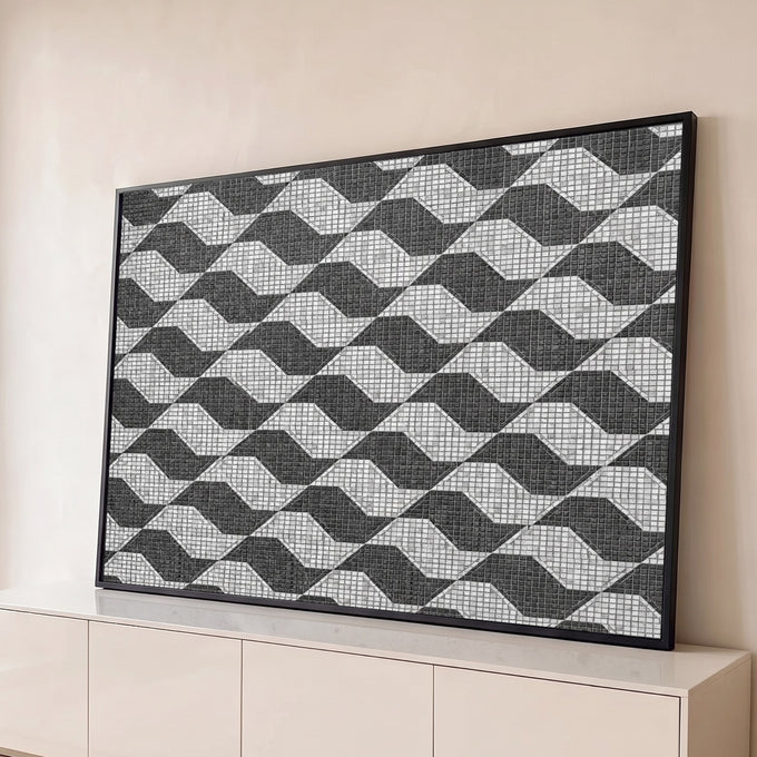 Quadro Decorativo Grande Mosaico Geométrico para Sala Preto | quadros decorativos para sala | mosaico geométrico em preto, branco e cinza formando losangos repetidos | Porao dos Quadros