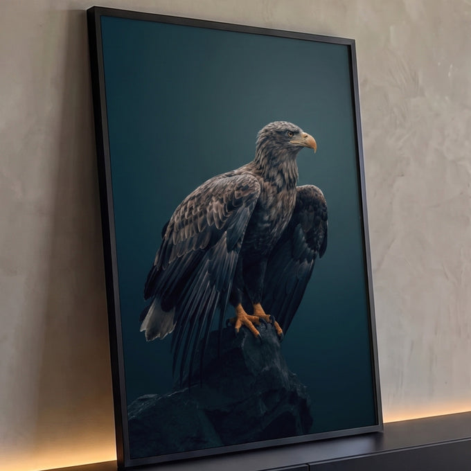 Águia marrom de asas semiabertas pousada em rocha escura sobre fundo azul petróleo, quadro decorativo