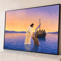 Quadro Decorativo Grande Jesus Salvando Pedro para Sala Roxo - Borda Infinita / 65x100cm