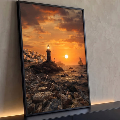 Farol nas rochas, vila grega branca, veleiro e gaivotas no mar ao pôr do sol laranja, quadro decorativo