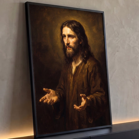 Jesus Cristo de mãos abertas em túnica marrom, halo dourado e fundo escuro, pintura a óleo, quadro decorativo
