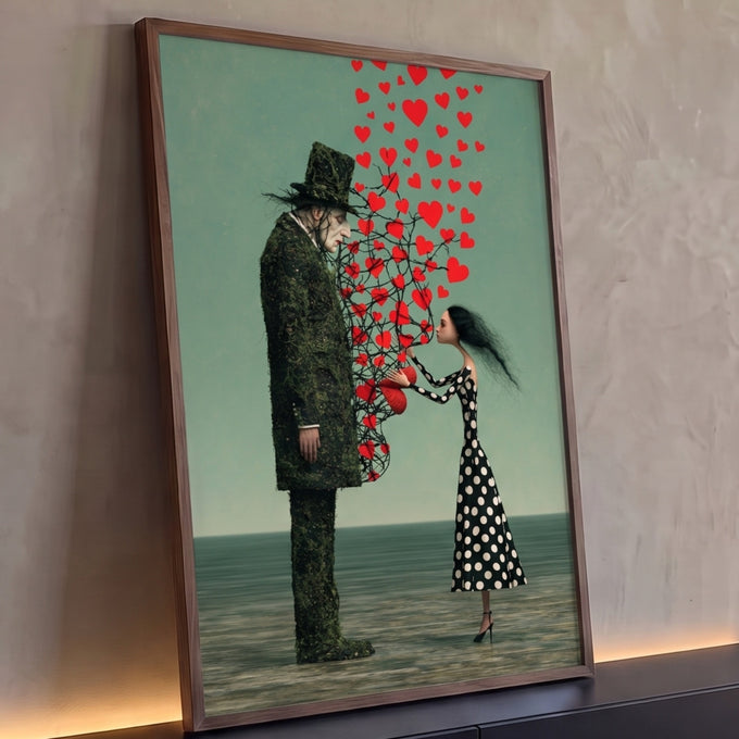 Mulher de vestido de poá tira corações vermelhos do peito de homem de musgo, quadro decorativo