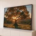 Quadro Decorativo Árvore ao Pôr do Sol em Tons de Laranja | quadros decorativos para sala | árvore isolada com folhagem laranja e sol brilhando entre os galhos ao entardecer | Porao dos Quadros
