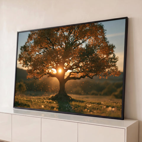 Quadro Decorativo Árvore ao Pôr do Sol em Tons de Laranja | quadros decorativos para sala | árvore isolada com folhagem laranja e sol brilhando entre os galhos ao entardecer | Porao dos Quadros