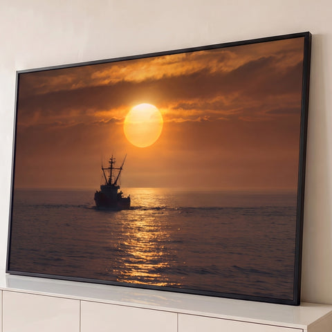 Barco pesqueiro em silhueta navegando no mar sob grande sol dourado ao pôr do sol, quadro decorativo