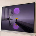 Quadro Decorativo Grande Lua Roxa para Sala Roxo | quadros decorativos para sala | pessoa com guarda-chuva amarelo no píer sob lua roxa gigante | Porao dos Quadros