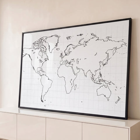 Quadro Decorativo Grande Mapa Mundi Sala para Sala Preto | quadros decorativos para sala | mapa-múndi em contorno preto fino sobre fundo branco com grade sutil | Porao dos Quadros